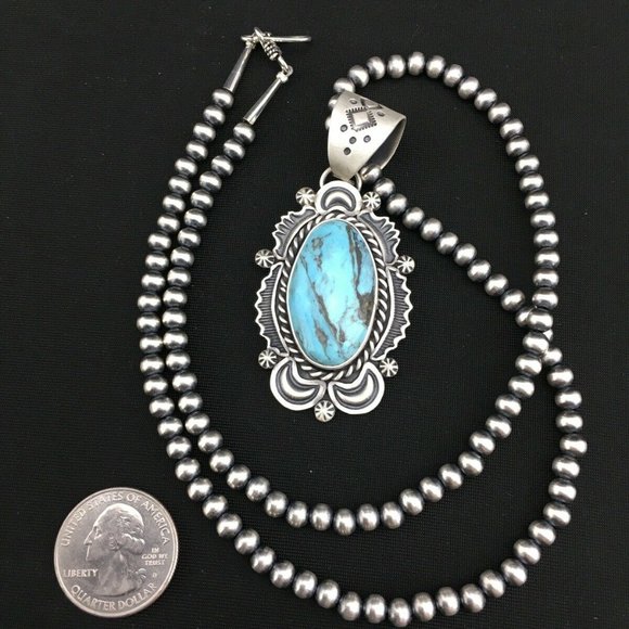 Navajo Sterling Silver Blue Necklace Pendant Ln 20 - Picture 9 of 12